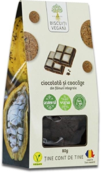 BISCUIȚI VEGANI CU CIOCOLATĂ ȘI COACĂZE, CU ZAHĂR BRUN, 80G